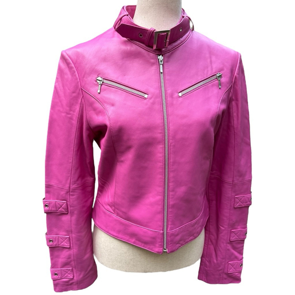 Sao Paulo Jackets & Blazers - Fuchsia Pink Leather Moto Jacket São Paulo Size 6 – Cropped Buckle Sleeve Biker